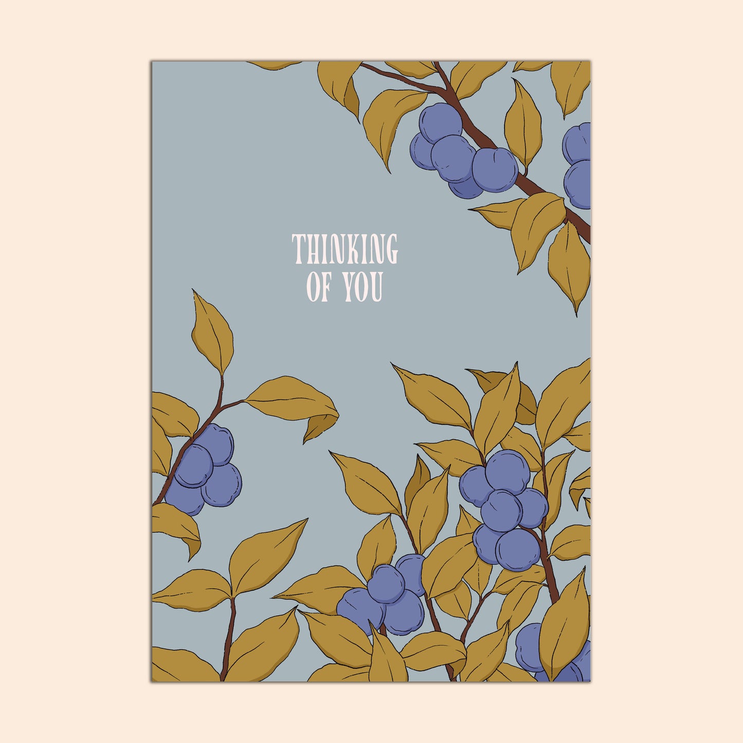 Greeting card with plum tree design on a light blue background, featuring the text 'Thinking of You'.