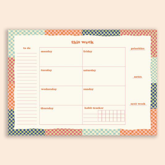 An A4 weekly planner pad on a beige background. The planner has a long to do list on the left, a grid with boxes for each day of the week and a habit tracker in the middle, and headings for priorities, notes and next week on the right. The planner has a multi coloured checkerboard border.