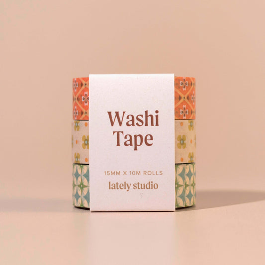 3 washi tapes in belly band with Lately Studio' branding on a beige background