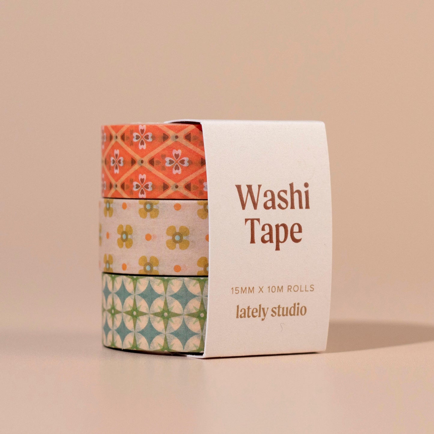 3 washi tapes in belly band with Lately Studio' branding on a beige background