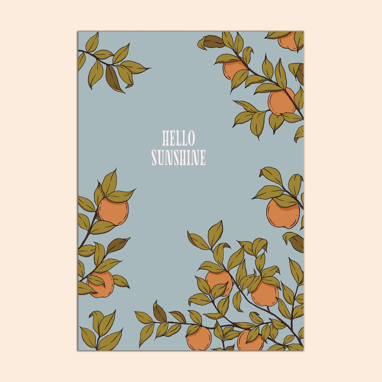 Poster with apricot illustrations and 'Hello Sunshine' text on a light blue background