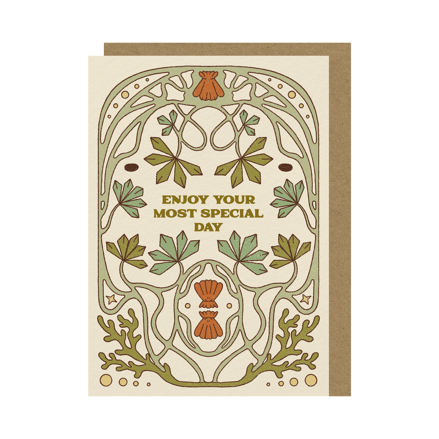 Greeting card and brown envelope on a transparent background. The card has an under the sea, art-nouveau inspired  symmetrical illustration.