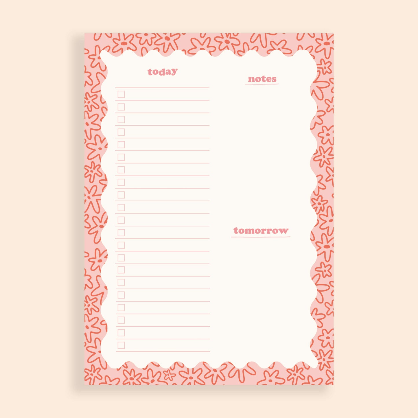 A daily desk planner with a pink wavy border, the border is filled with a doodle floral pattern.