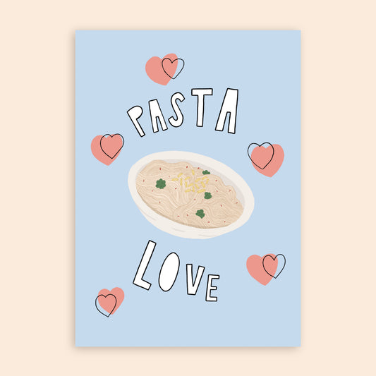 A a5 art print. The print has a blue background with an illustrated pasta bowl in the centre. It has text saying 'Pasta Love' and illustrated lover hearts around it.