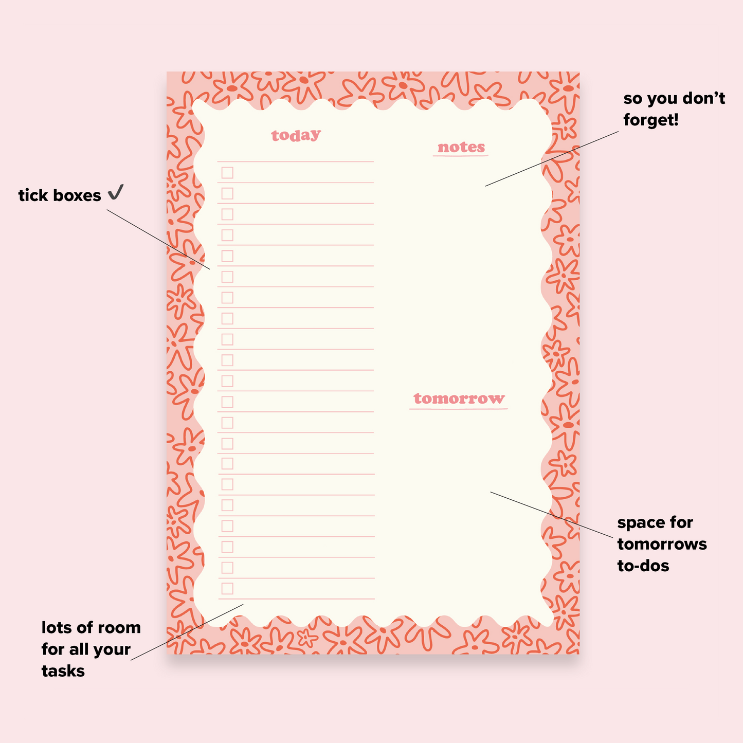 A daily desk planner with a pink wavy border, the border is filled with a doodle floral pattern. This image is annotated to show the features of the desk pad. Including tick boxes, a notes section so you don't forget anything, a space for tomorrows to-dos and a long to-do list with room for all your tasks.